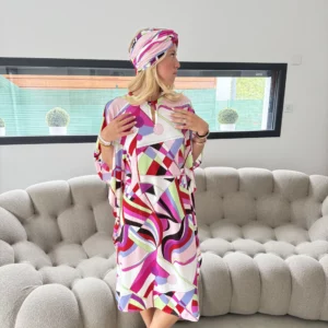 Kaftan et Turban imprimé géométrique multicolore